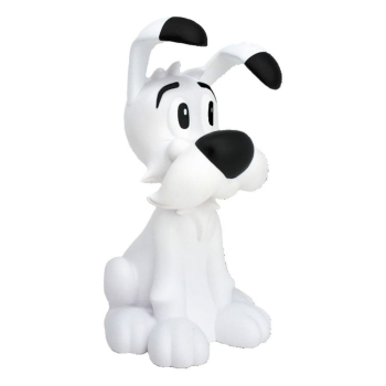 Weiße Idefix Figur von Plastoy ohne Verpackung. Der kleine Hund aus Asterix sitzt mit schwarzen Ohren und treuem Blick.
